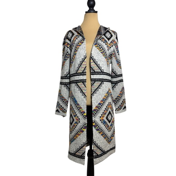 On Blue Hooded Duster Cardigan Sweater Aztec Bohemian Festival Colorful Print - Picture 1 of 7